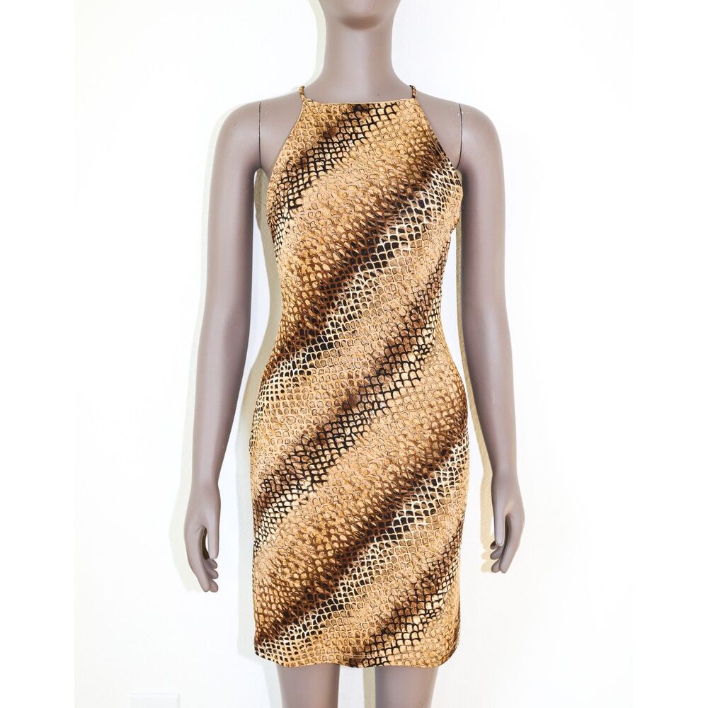Vintage Boho Festival Summer Mini Dress Y2K Animal Print Halter Dress Size Small